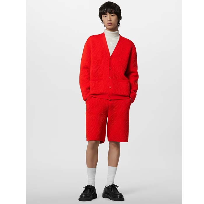 Louis Vuitton Men Wool Cardigan Regular Fit LV Epi XL Knitted Motif Red Certified Merino