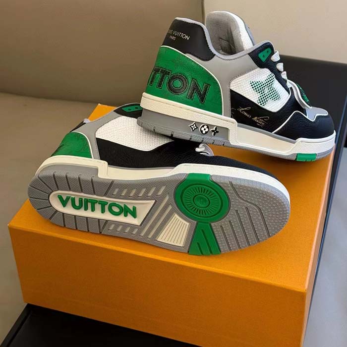 Louis Vuitton Unisex Exclusively Online LV Trainer Sneaker Green Grained Calf Leather Monogram Canvas