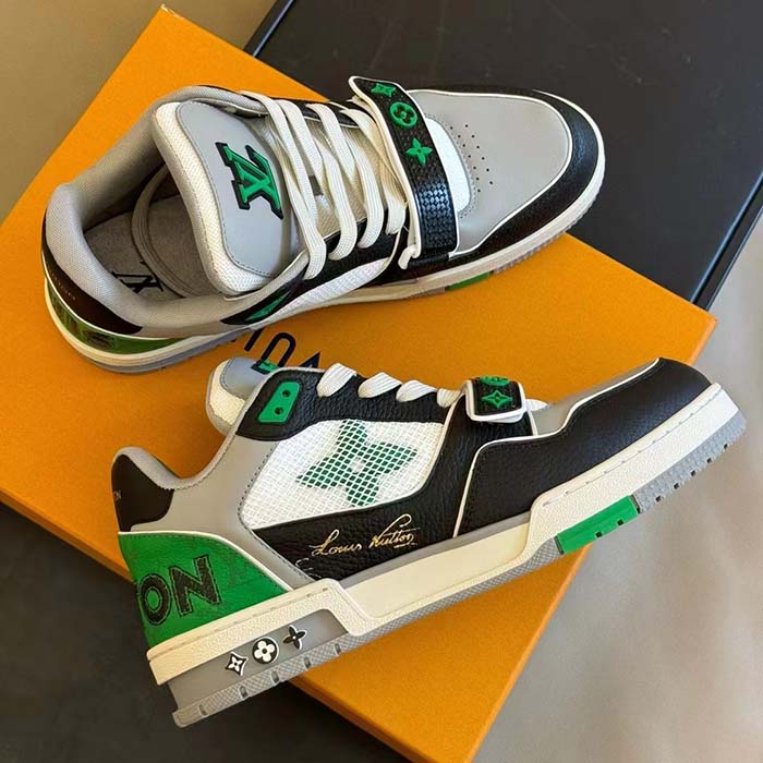 Louis Vuitton Unisex Exclusively Online LV Trainer Sneaker Green Grained Calf Leather Monogram Canvas
