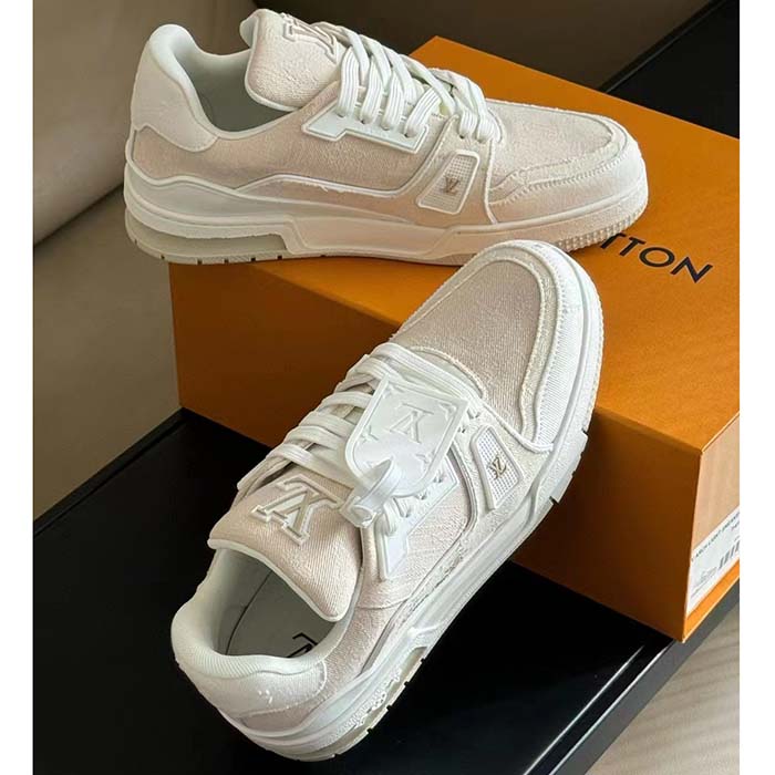 Louis Vuitton Unisex LV Trainer Sneaker Beige Monogram Denim Rubber Outsole Monogram Flowers