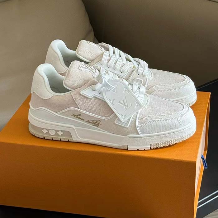 Louis Vuitton Unisex LV Trainer Sneaker Beige Monogram Denim Rubber Outsole Monogram Flowers