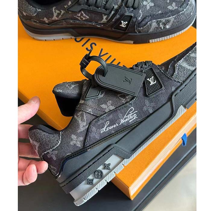 Louis Vuitton Unisex LV Trainer Sneaker Black Monogram Denim Rubber Outsole Monogram Flowers