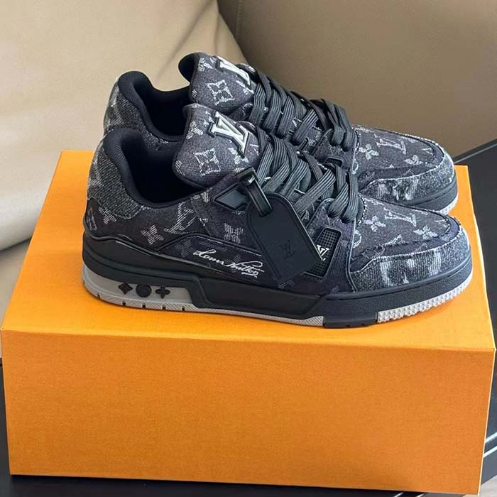 Louis Vuitton Unisex LV Trainer Sneaker Black Monogram Denim Rubber Outsole Monogram Flowers