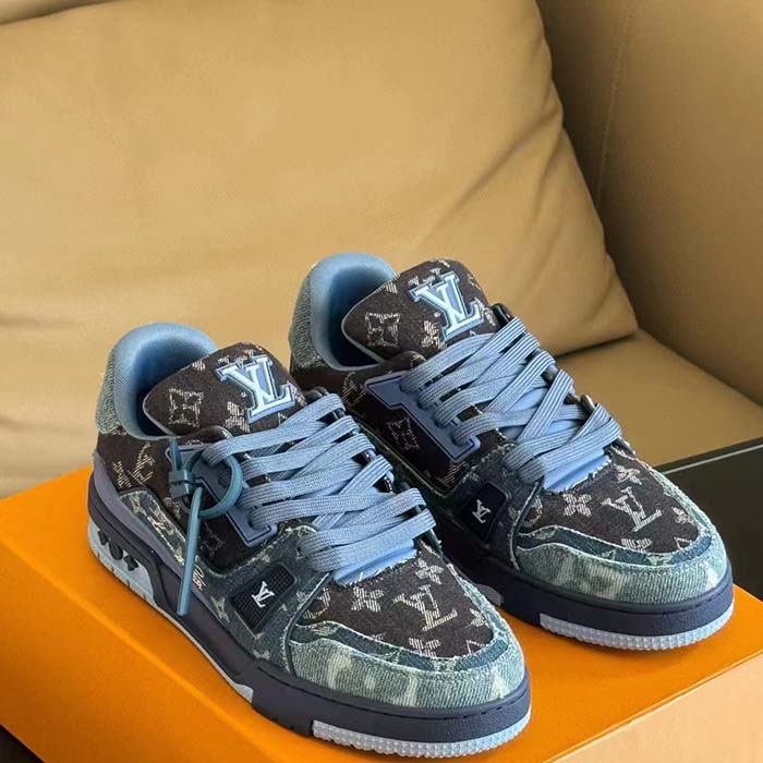Louis Vuitton Unisex LV Trainer Sneaker Blue Monogram Denim Rubber Outsole Monogram Flowers