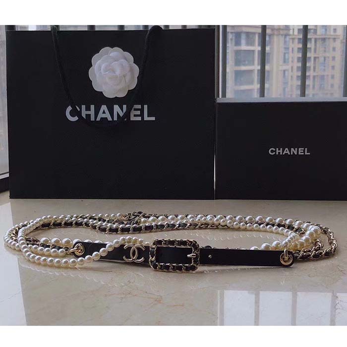 Chanel Women CC Belt Gold Metal Resin Glass Pearls Strass Black Calfskin Leather