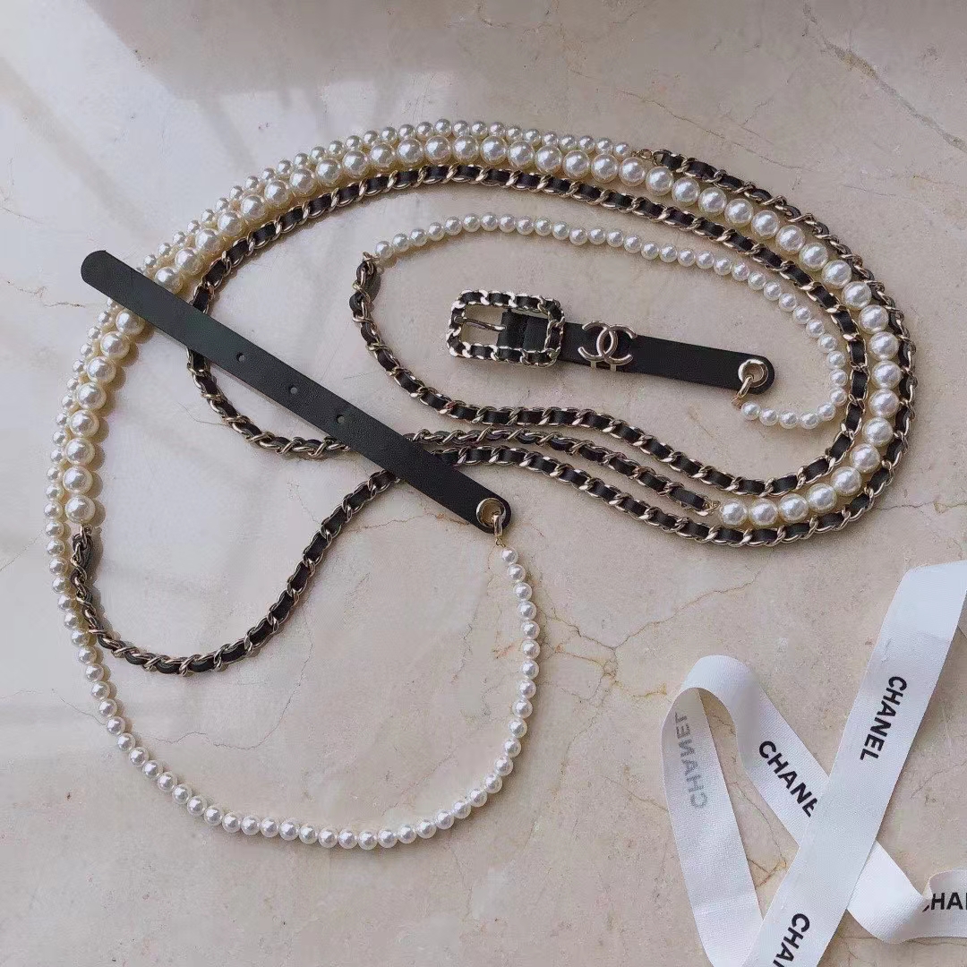 Chanel Women CC Belt Gold Metal Resin Glass Pearls Strass Black Calfskin Leather