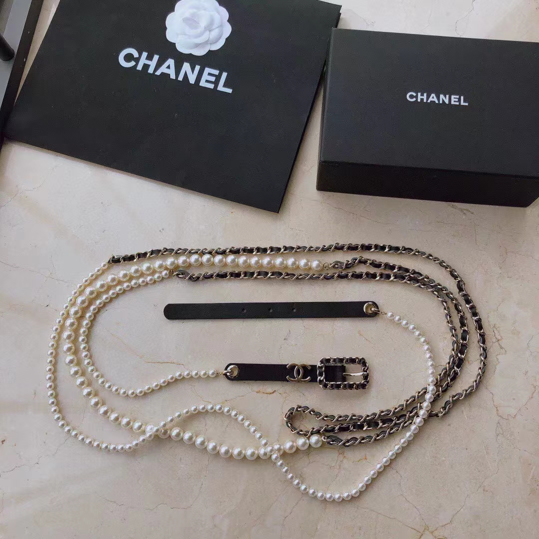 Chanel Women CC Belt Gold Metal Resin Glass Pearls Strass Black Calfskin Leather