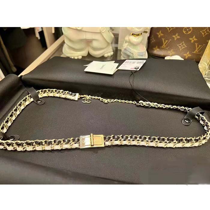 Chanel Women CC Belt Gold Tone Metal Black White Calfskin Lambskin Leather