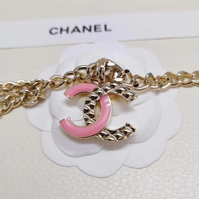 Chanel Women CC Belt Gold Tone Metal Pink Chanel Logo