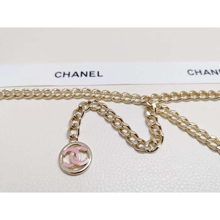 Chanel Women CC Belt Gold Tone Metal Pink Chanel Logo
