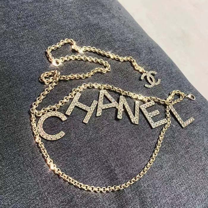 chanel women cc belt gold tone metal white crystal glass Di*m*nd chanel logo