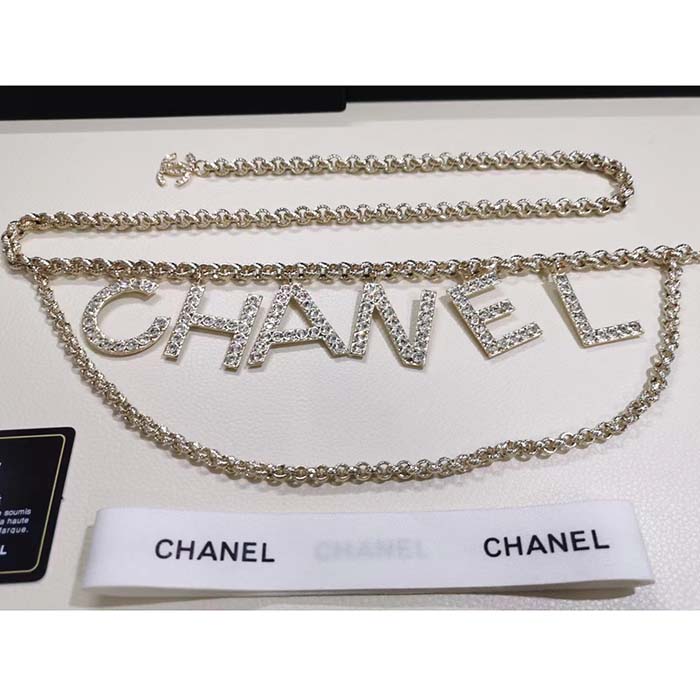 chanel women cc belt gold tone metal white crystal glass Di*m*nd chanel logo