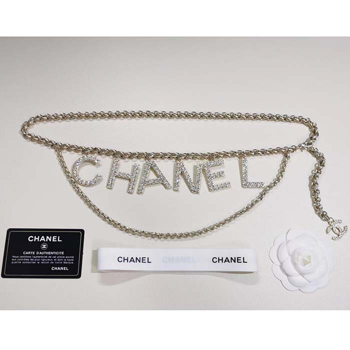 chanel women cc belt gold tone metal white crystal glass Di*m*nd chanel logo