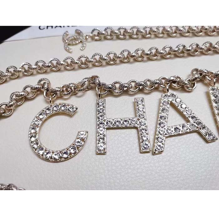 chanel women cc belt gold tone metal white crystal glass Di*m*nd chanel logo