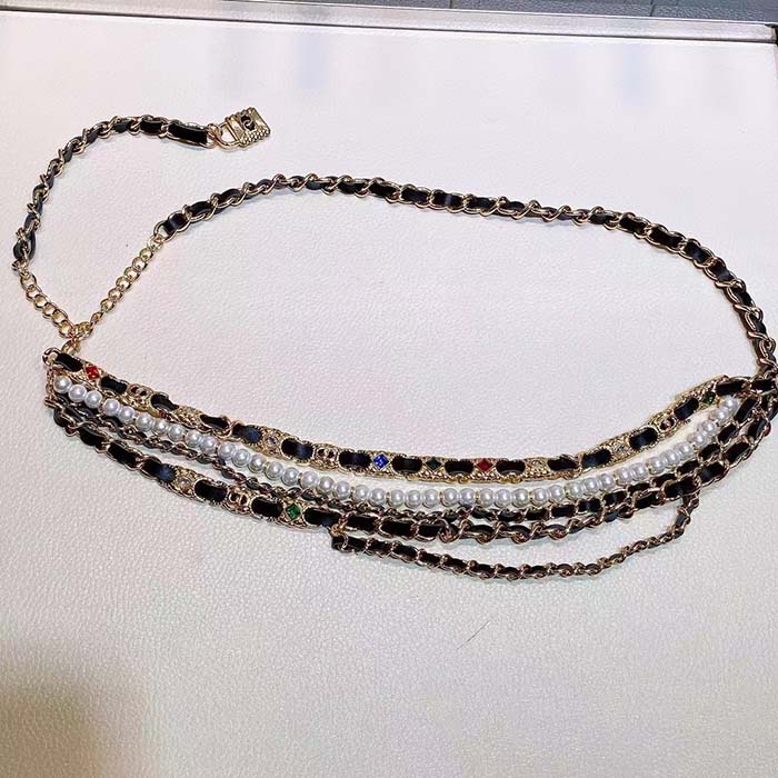 chanel women cc chain belt gold metal resin glass pearls strass muticolor Di*m*nds black calfskin leather