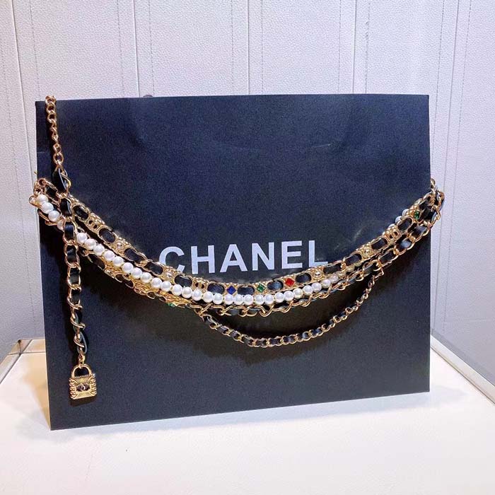 chanel women cc chain belt gold metal resin glass pearls strass muticolor Di*m*nds black calfskin leather