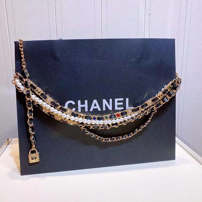 chanel women cc chain belt gold metal resin glass pearls strass muticolor Di*m*nds black calfskin leather