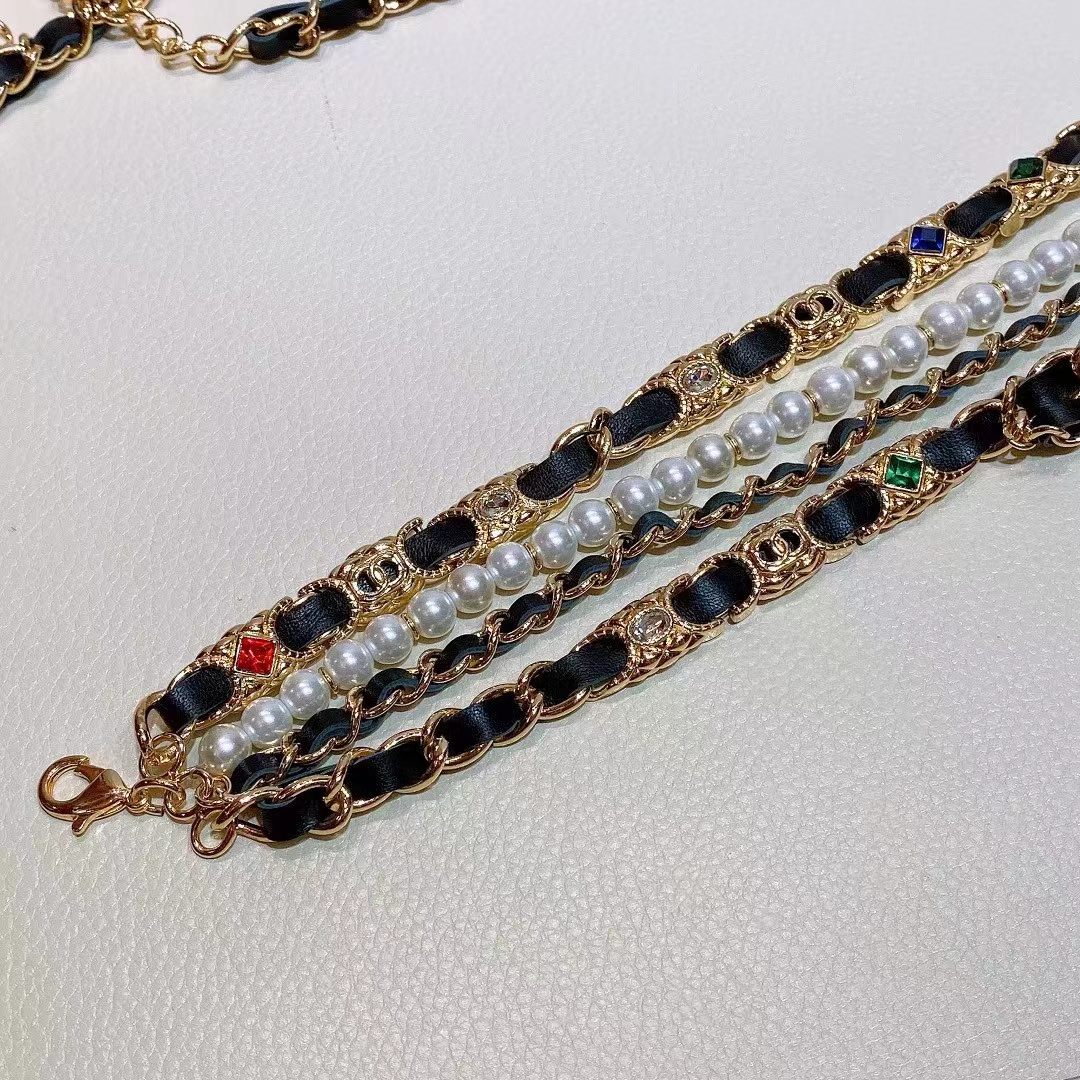 chanel women cc chain belt gold metal resin glass pearls strass muticolor Di*m*nds black calfskin leather