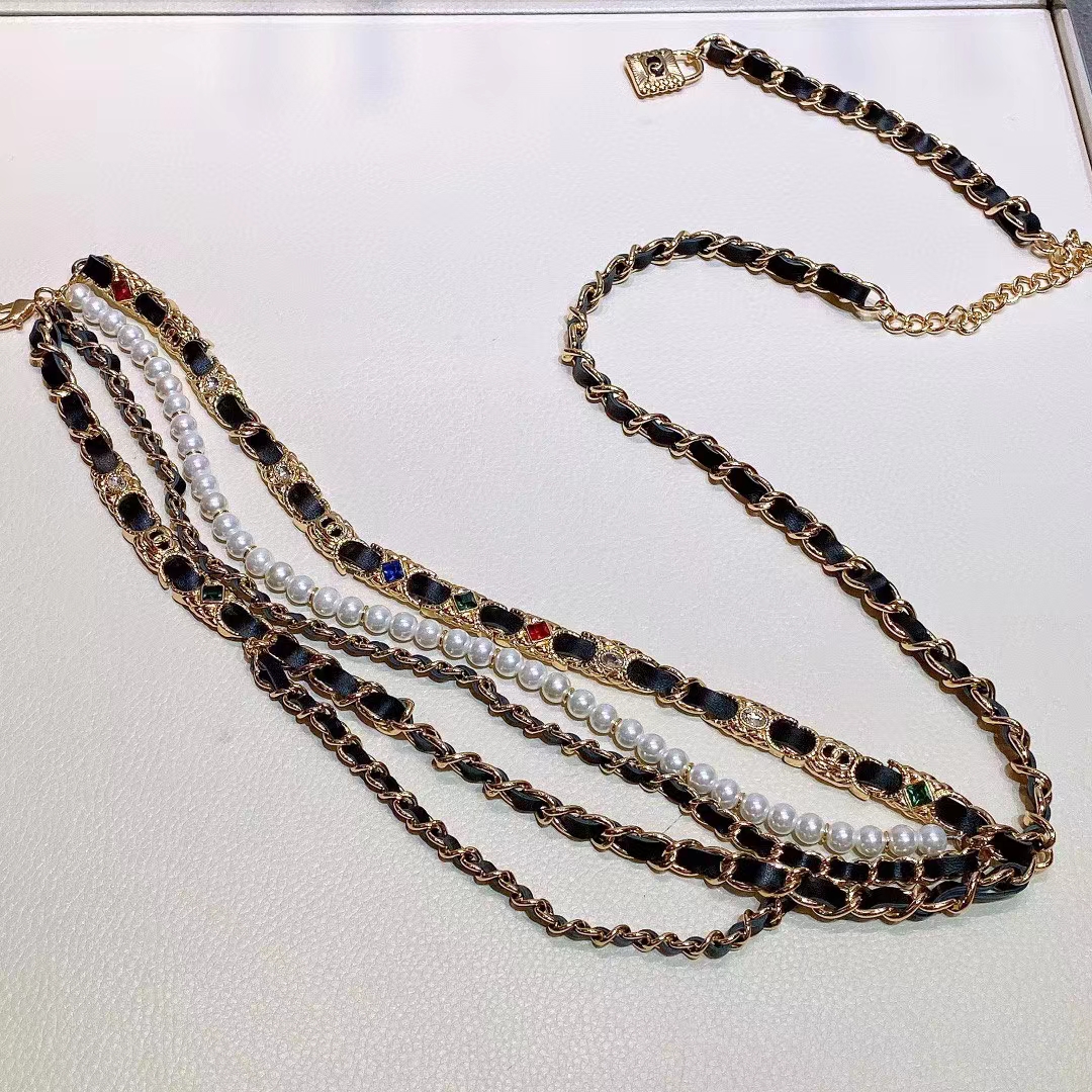 chanel women cc chain belt gold metal resin glass pearls strass muticolor Di*m*nds black calfskin leather