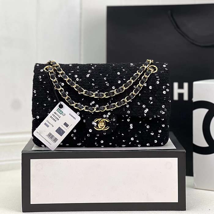 Chanel Women CC Flap Bag Strass Sequins Gold-Tone Metal Black White