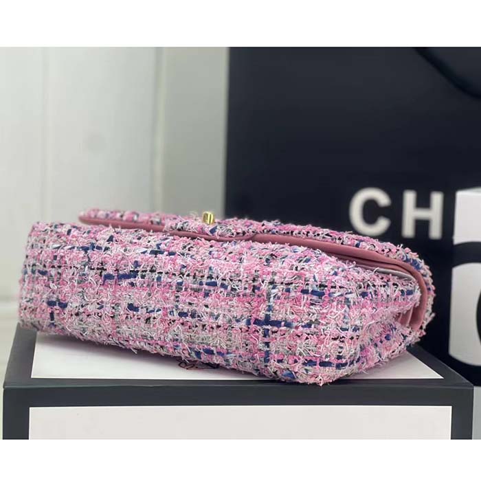 Chanel Women CC Flap Bag Tweed Fabrics Gold-Tone Metal Purple Pink Blue