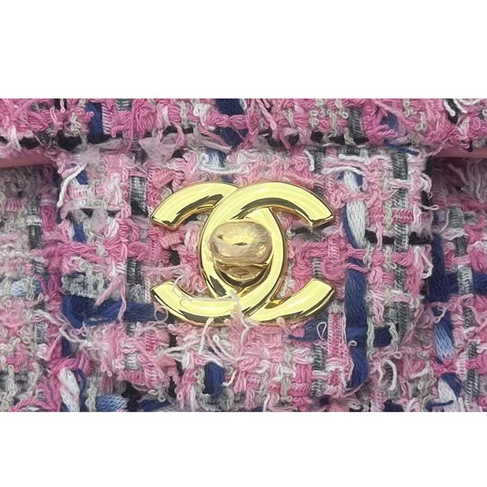 Chanel Women CC Flap Bag Tweed Fabrics Gold-Tone Metal Purple Pink Blue
