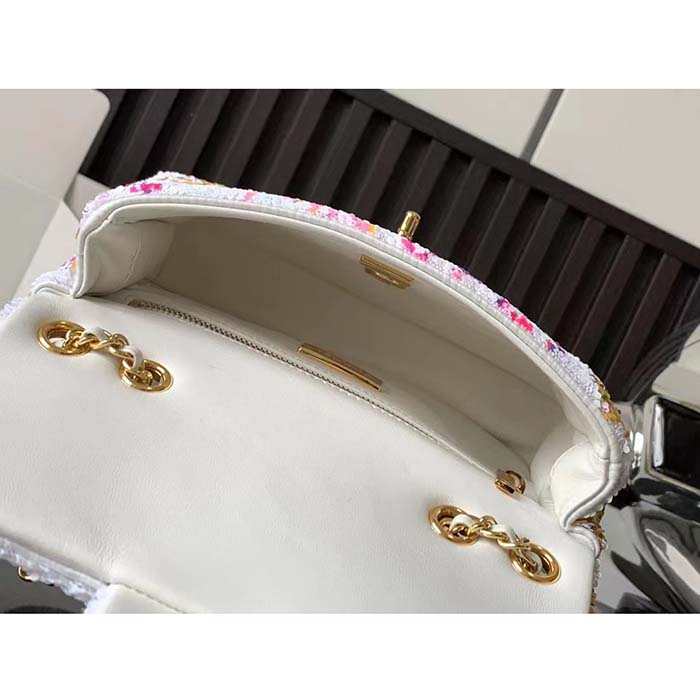 Chanel Women CC Small Flap Bag Sequins Gold-Tone Metal White Yellow Pink Blue