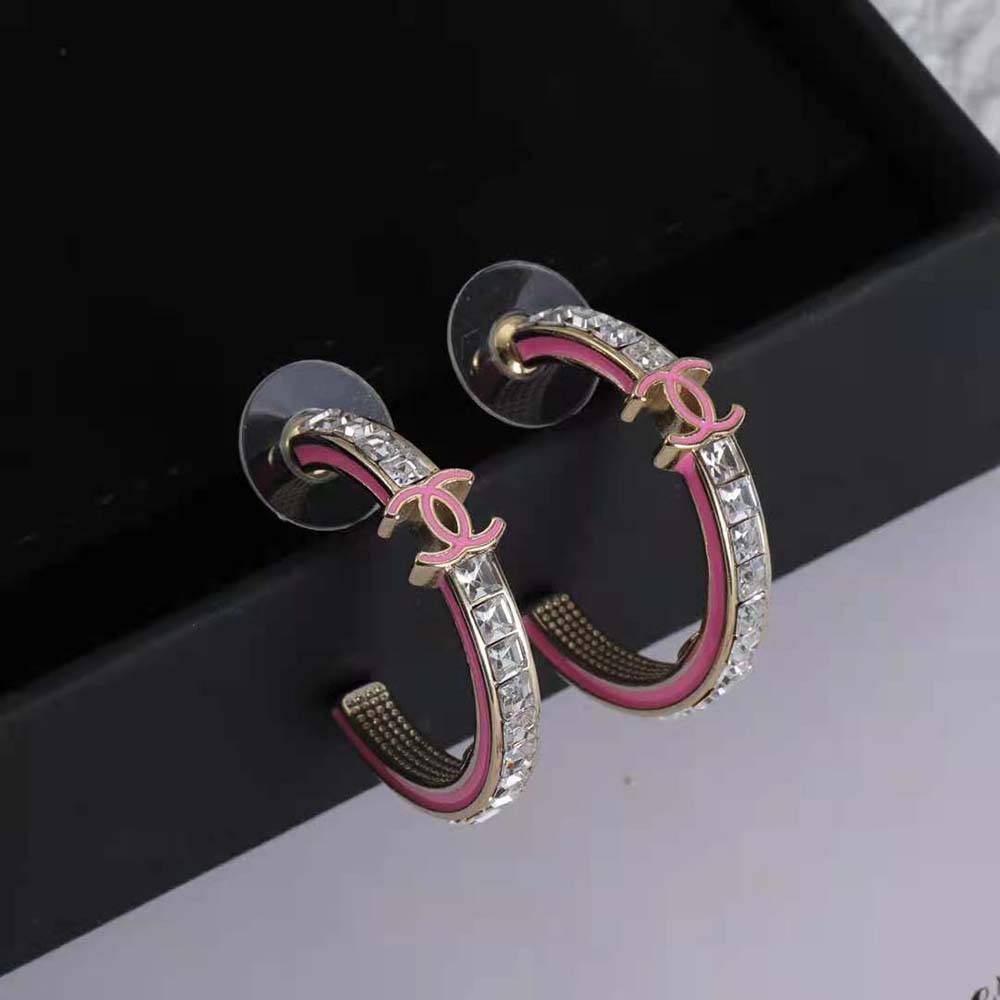Chanel Women Hoop Earrings in Metal and Diamantés-Pink
