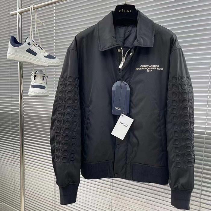 Dior Women CD Bomber Jacket Black Technical Twill Front Snap Closure Piped Side Pockets