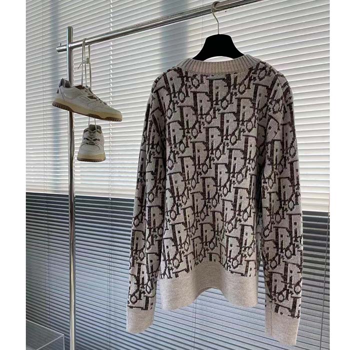 Dior Men CD Dior Oblique Sweater Beige Brown Wool Jacquard