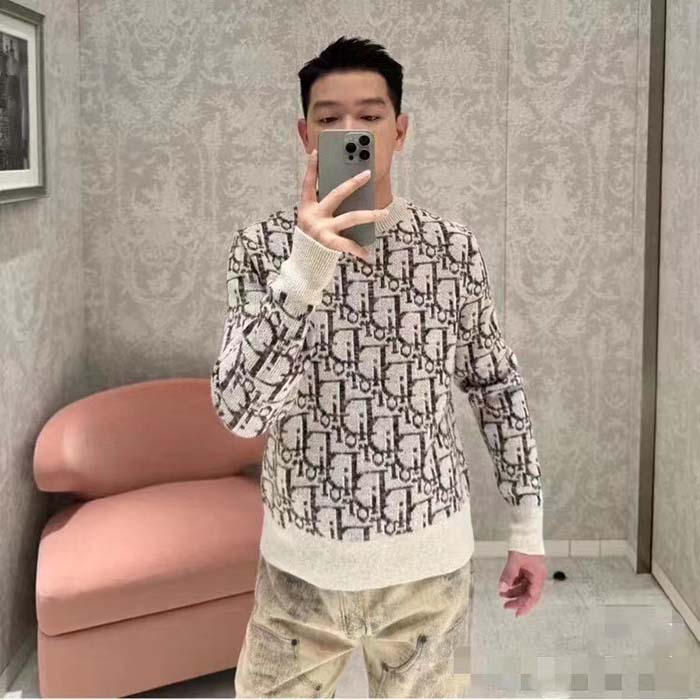 Dior Men CD Dior Oblique Sweater Beige Brown Wool Jacquard