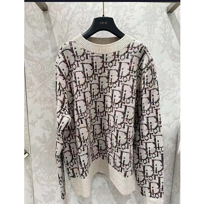 Dior Men CD Dior Oblique Sweater Beige Brown Wool Jacquard