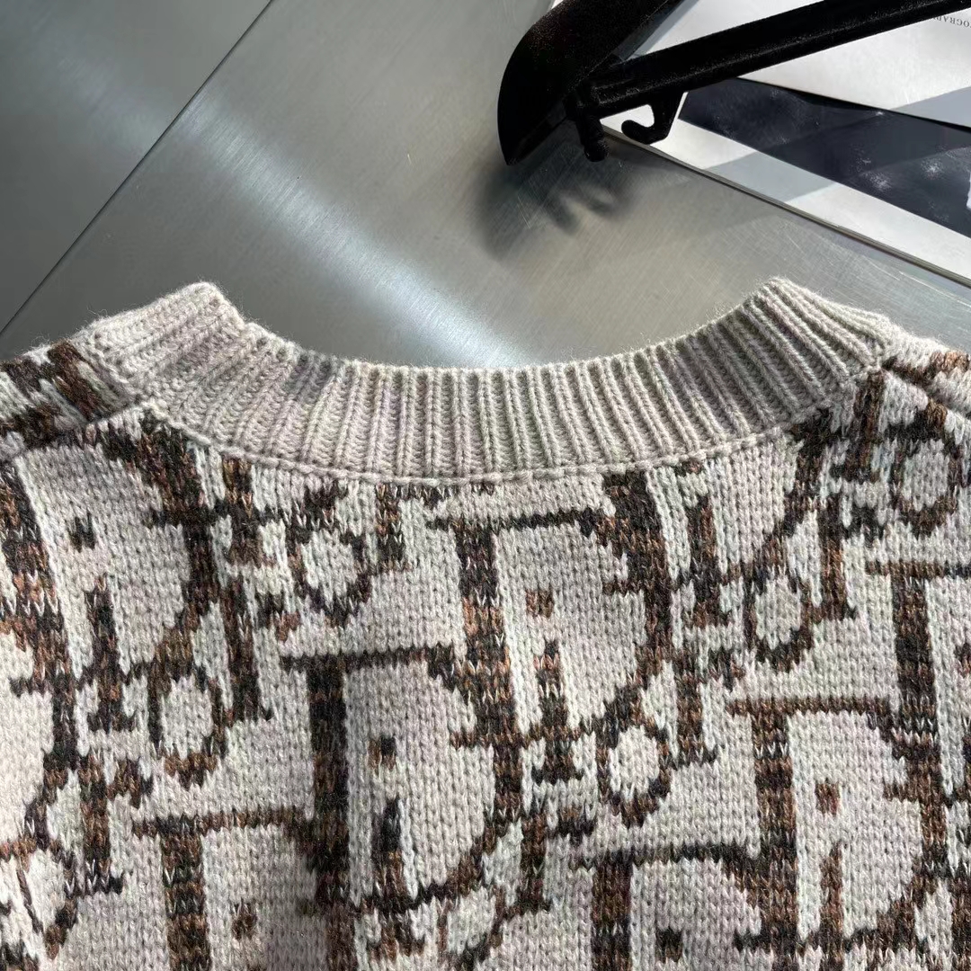Dior Men CD Dior Oblique Sweater Beige Brown Wool Jacquard