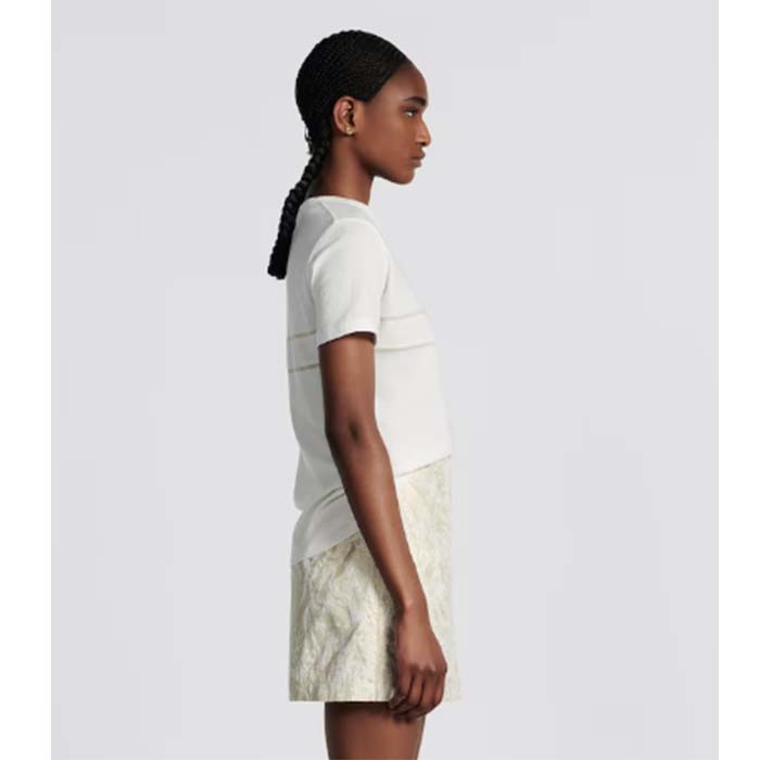 Dior Women CD Embroidered T-Shirt White Cotton Jersey Gold-Tone Signature