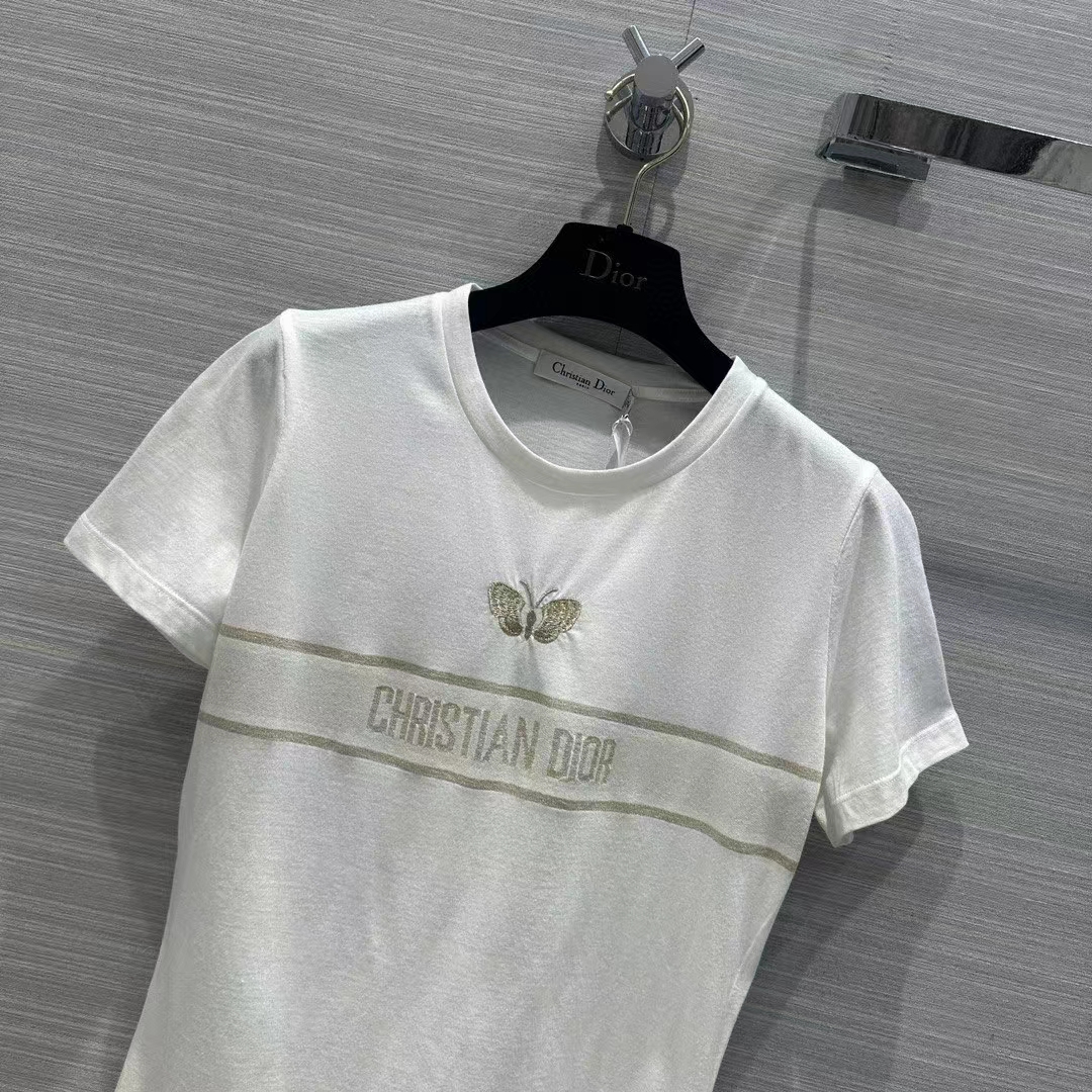 Dior Men CD Embroidered T-Shirt White Cotton Jersey Gold-Tone Signature