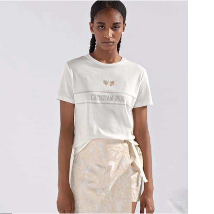 Dior Women CD Embroidered T-Shirt White Cotton Jersey Gold-Tone Signature