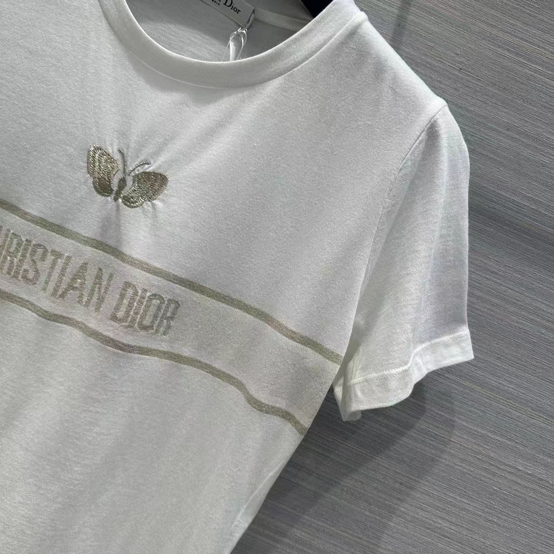 Dior Men CD Embroidered T-Shirt White Cotton Jersey Gold-Tone Signature