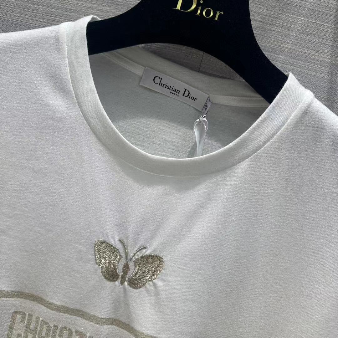 Dior Men CD Embroidered T-Shirt White Cotton Jersey Gold-Tone Signature
