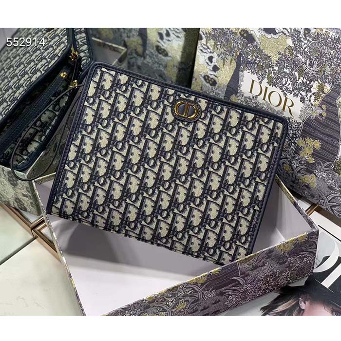 Dior Unisex CD Medium 30 Montaigne Pouch Blue Dior Oblique Jacquard