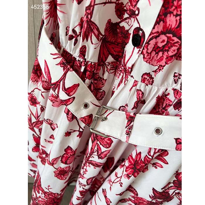 Dior Women CD Belted Shirt Dress White Cotton Silk Poplin Red Toile De Jouy Mexico Motif Reference: 417R89A3676_X3810