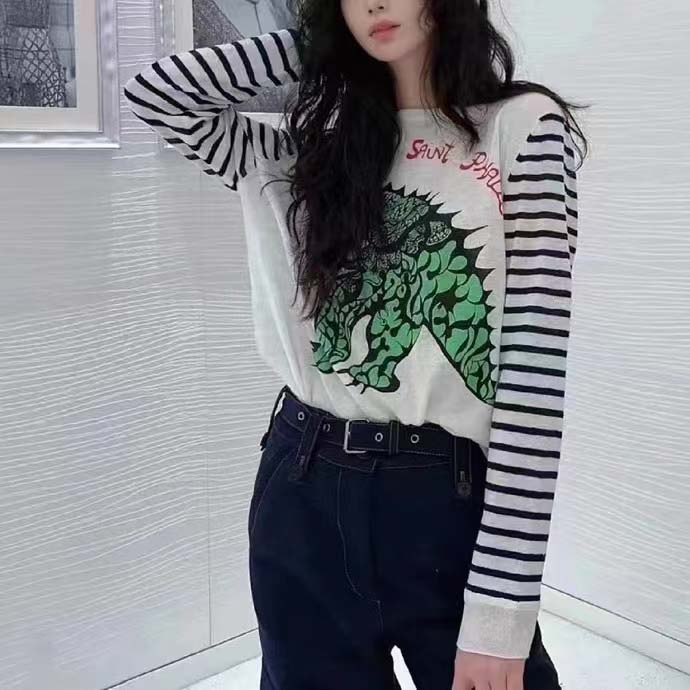 Dior Women CD Dior Marinière Sweater Navy Blue White Linen Cashmere Silk Knit Green Dragon Motif
