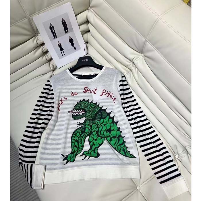 Dior Women CD Dior Marinière Sweater Navy Blue White Linen Cashmere Silk Knit Green Dragon Motif