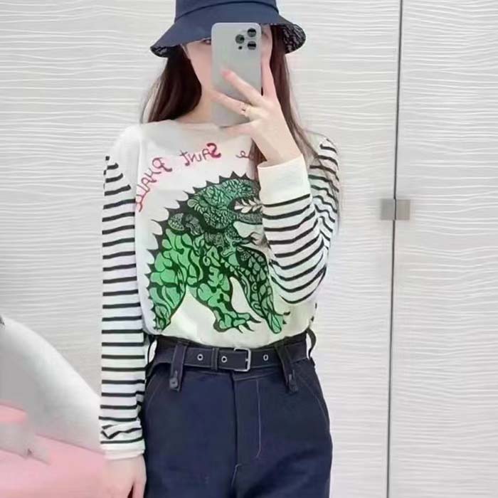 Dior Women CD Dior Marinière Sweater Navy Blue White Linen Cashmere Silk Knit Green Dragon Motif