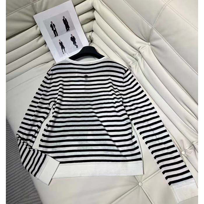 Dior Women CD Dior Marinière Sweater Navy Blue White Linen Cashmere Silk Knit Green Dragon Motif