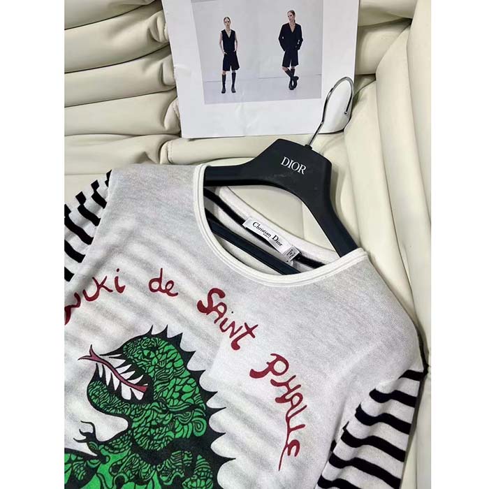 Dior Women CD Dior Marinière Sweater Navy Blue White Linen Cashmere Silk Knit Green Dragon Motif