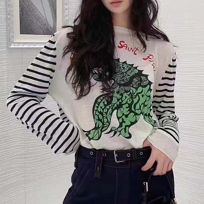 Dior Women CD Dior Marinière Sweater Navy Blue White Linen Cashmere Silk Knit Green Dragon Motif
