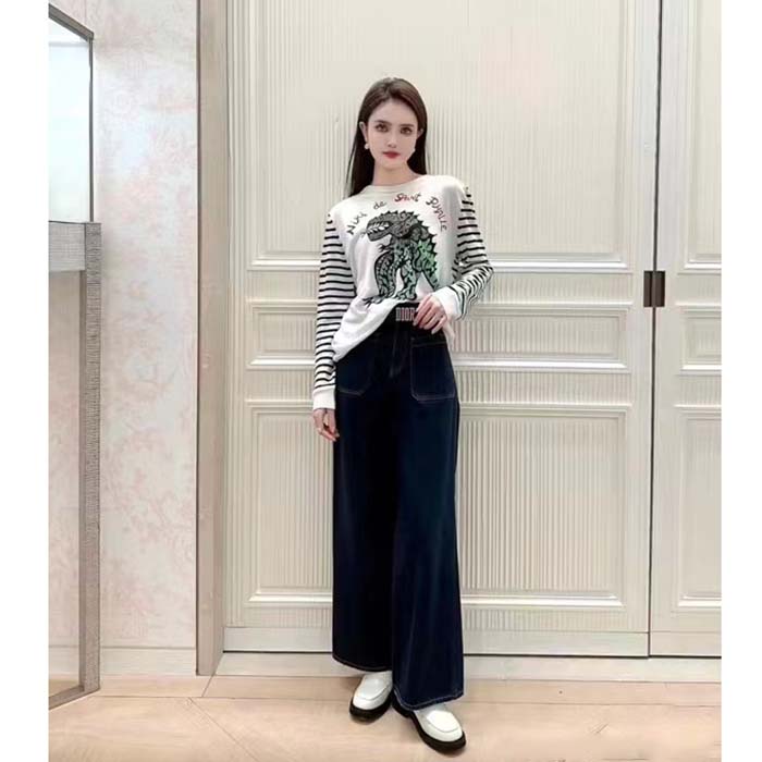 Dior Women CD Dior Marinière Sweater Navy Blue White Linen Cashmere Silk Knit Green Dragon Motif