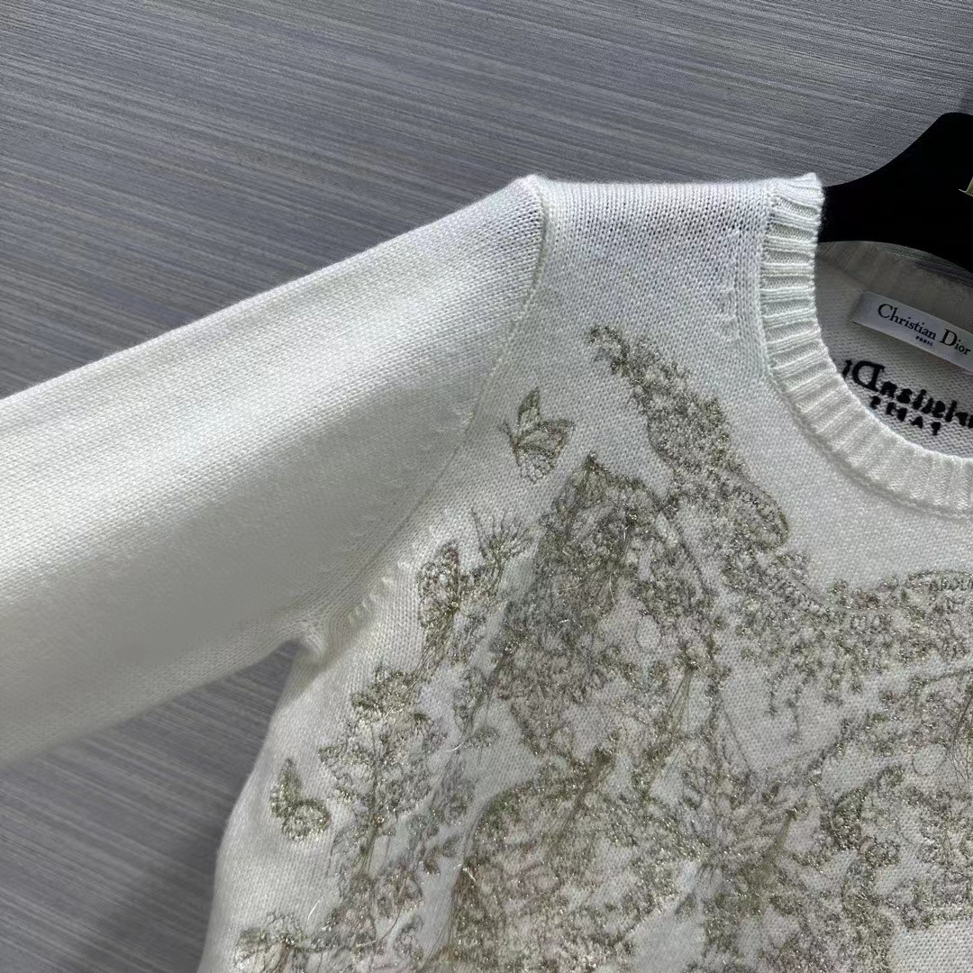 Dior Men CD Embroidered Sweater Gold-Tone White Cashmere Knit Butterfly Around the World Motif