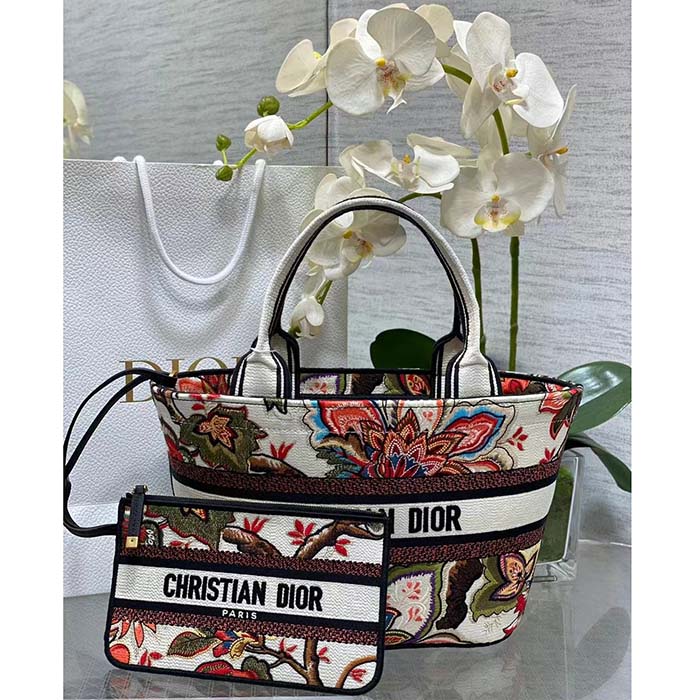 Dior Women CD Hat Basket Bag Natural Multicolor Albero Della Vita Embroidery