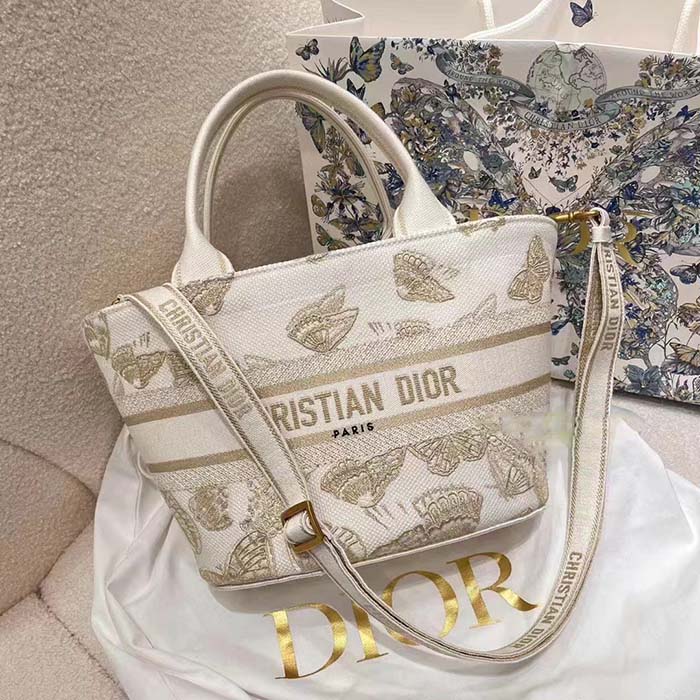 Dior Women CD Hat Basket Bag White Gold-One Gradient Butterflies Embroidery